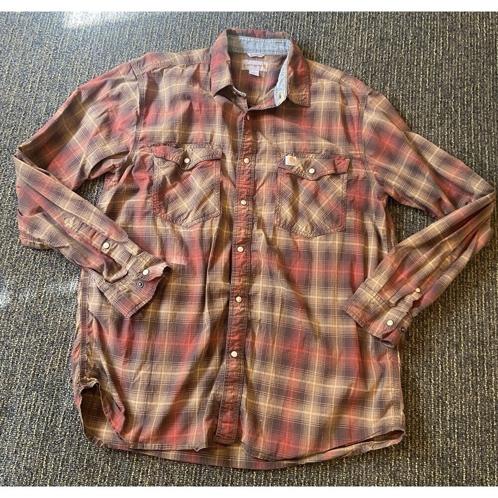 Carhartt Pearl Snap Shirt Mens Large Relaxed Fit Plaid Flannel relaxed fit